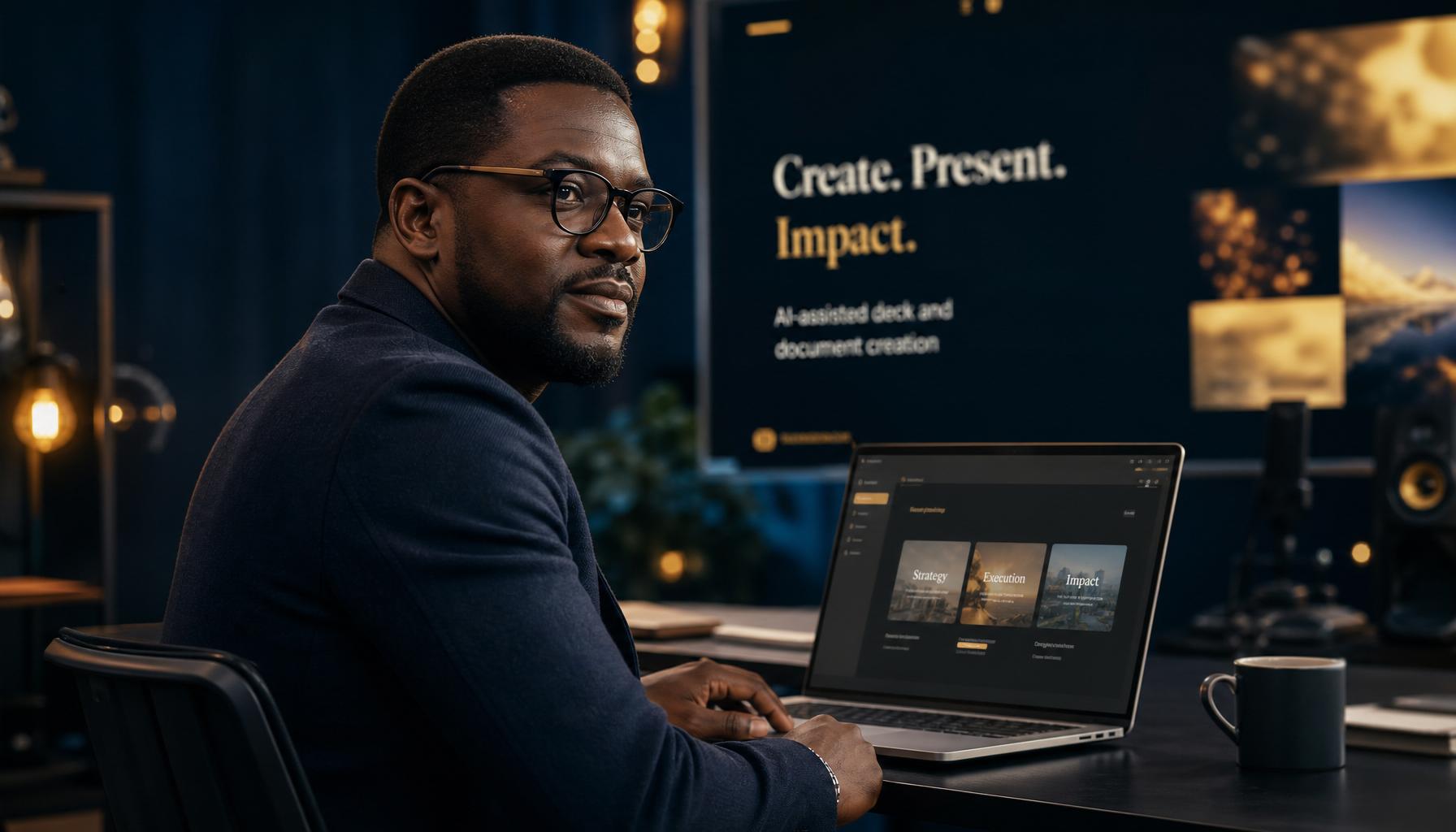 Professionnel africain travaillant sur un laptop dans un studio de production IA